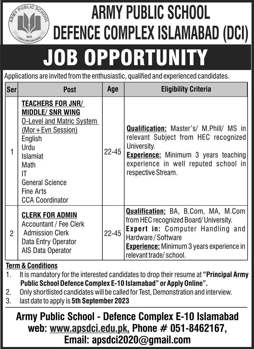 Army Public School Islamabad Management Jobs