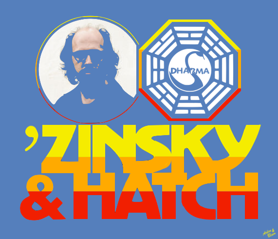 Head shot of Radzinsky and Dharma Swas Station logo above stylized type reading 'Zinsky & Hatch