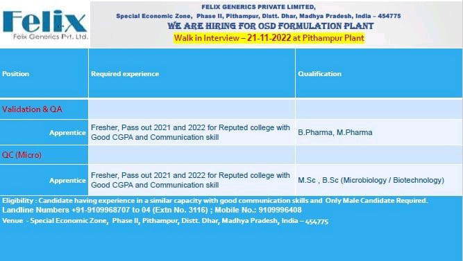 Job Availables, Felix Generics Pvt Ltd Walk-In Interview for Fresher's In MSc/ BSc Microbiology/ Biotechnology/ B Pharm/ M Pharm