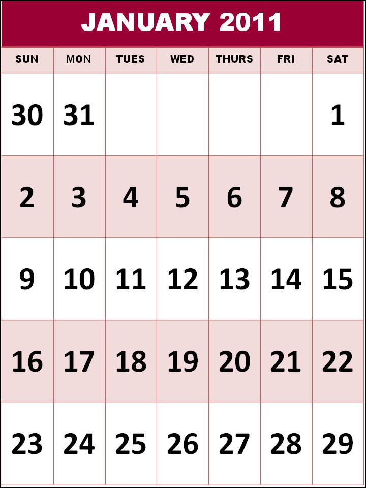 To download and print these Free Big Monthly Calendar 2011 January with big 