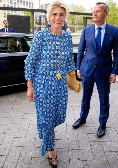 Princess Laurentien wore a blue print midi dress by Essentiel Antwerp and platform sandals by Essentiel Antwerp