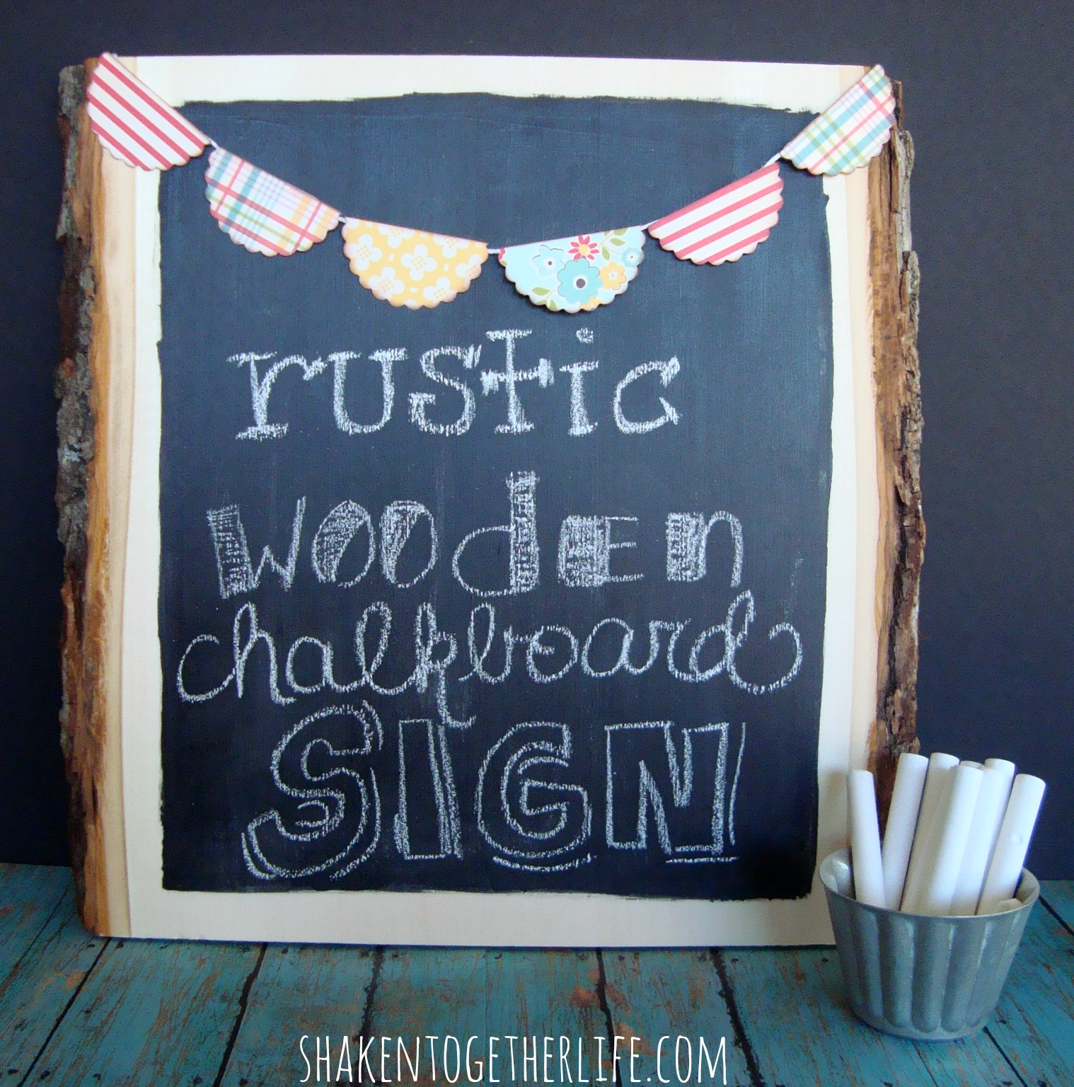 create this} rustic wooden chalkboard sign at shaken together