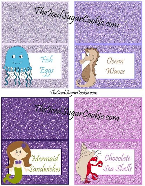 Fish Eggs, Ocean Waves, Mermaids Sandwiches, Chocolate Sea Shells, DIY Glitter Mermaid Food Label Tent Cards Birthday Party-Printable Template digital download Jellyfish seahorses mermaids crabs