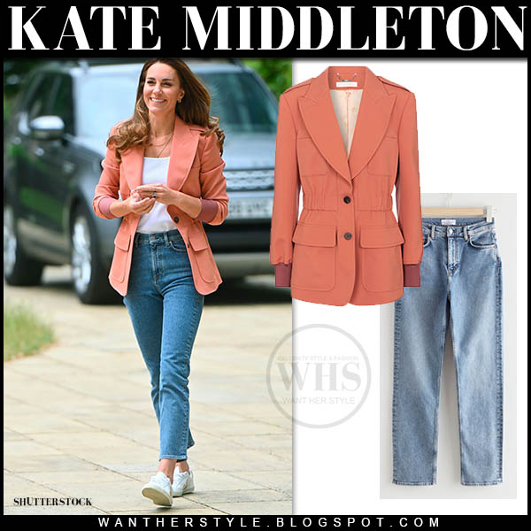 Kate Middleton in orange blazer, white t-shirt and jeans