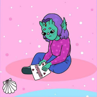 The cover illustration is of a sad-looking alien girl sitting on pink sand at the ocean.