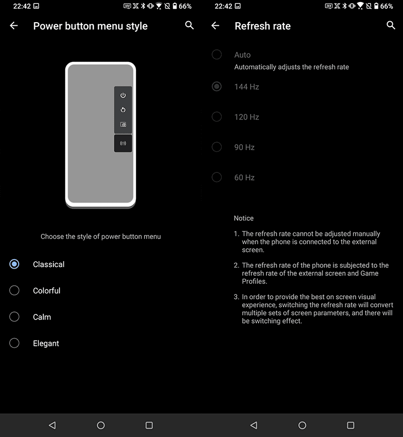 Refresh rate and power button customization