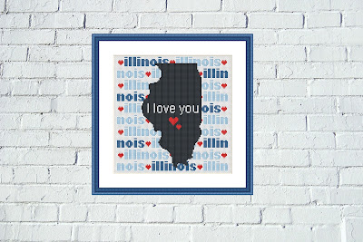 Illinois map typography cross stitch pattern - Tango Stitch