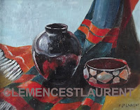 Mexicana, 8 x 10 oil painting by Clemence St. Laurent - Mexican poncho, vase and bowl