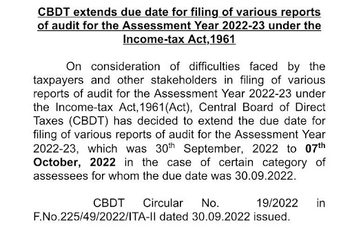 tax audit due date extended for the Fy 2021-22