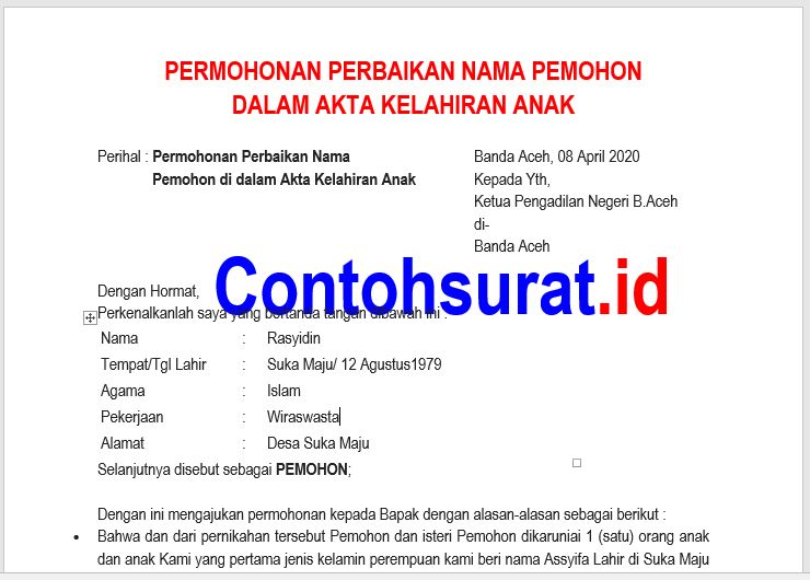  Contoh  Surat  Permohonan Perbaikan  Nama Dalam Akte Akta 