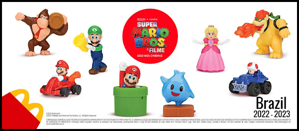 McDonalds Super Mario Bros Movie toys 2022-2023 Happy Meal Toy Brazil mclanche feliz includes 8 plastic characters: jumping mario, flashlight luigi, spinning lumalee, spinning peach, toad kart, mario kart, barrel donkey kong and fire breathing bowser