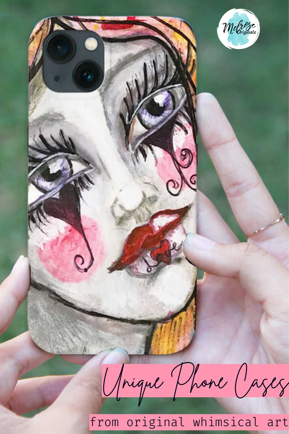 hand holding fun phone case with whimsical clown girl with hearts on her face