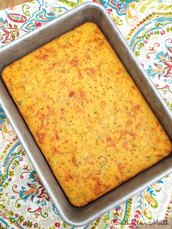 Navajo Cornbread - A rustic, savory cornbread recipe chocked full of jalapeno peppers, jack cheese, creamed corn and green onions.