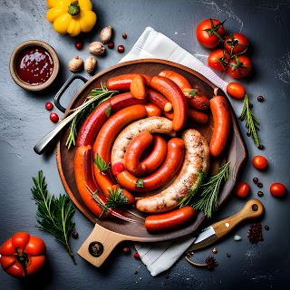 Colorful display of various sausages on a wooden cutting board, showcasing healthy options and cautionary choices.
