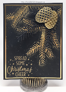 Linda Vich Creates: Pretty Pine Bough. Black and gold unite in this festive holiday card filled with stamped, embossed and die cut pine boughs.