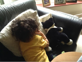 toddler and cat toy on sofa cushions 