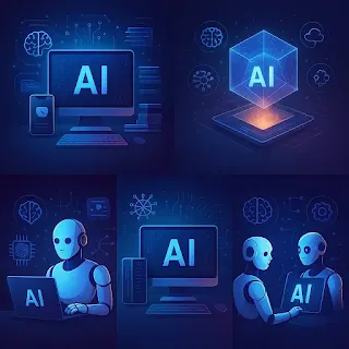 Futuristic AI tools and robots in a neon-lit tech environment