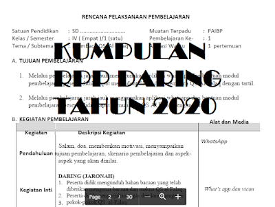 Download RPP PAI SD MI Daring kelas 1 2 3 4 5 6 Tahun 2020 Satu Lembar Halaman