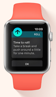 photo of apple watch with the notification "time to roll" displayed for wheelchair users.