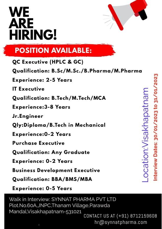 Job Availables, ,Synnat Pharma Pvt Ltd Walk In Interview For QC/ IT/ Engineer/ Purchase/ Business Development Department