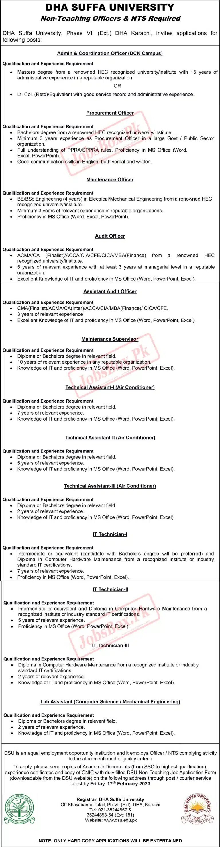 DHA Staff University Recruitments 2023 Details At www.dsu.edu.pk