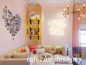 design, interior design, EM Design Interiors, Emily, room, decor, decorate, living room, neon sign, cute, pink, bright, 