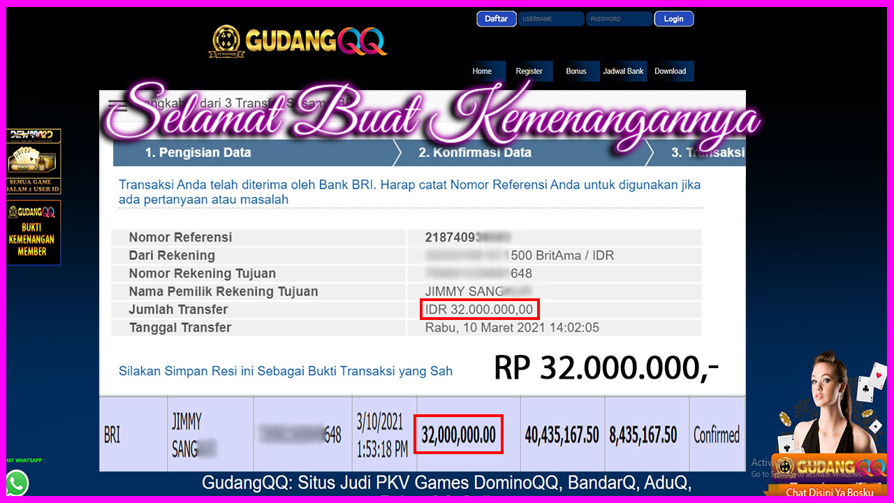 Selamat Kepada Member Setia GudangQQ WD sebesar Rp. 32,000,000.-