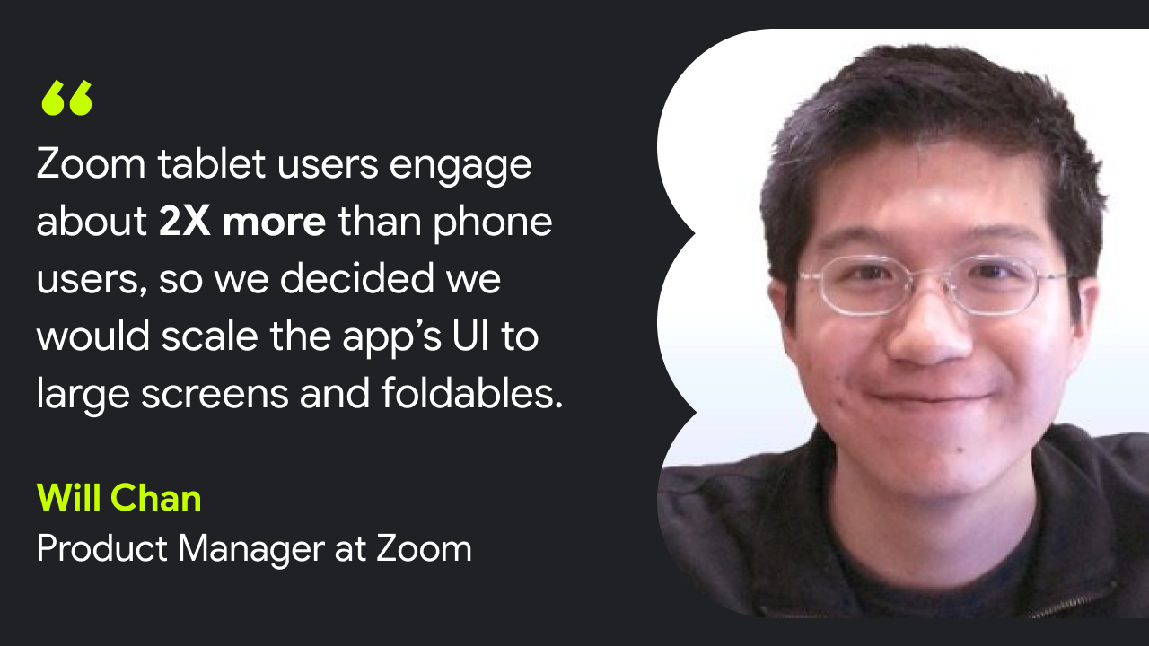 Zoom tablet users engage about 2X more than phone users, so we decided we would scale the app’s UI to large screens and foldables.” — Will Chan, product manager at Zoom