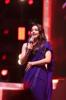 Rashmika Mandanna Stuns in Blue Saree at Pushpa 2 Event