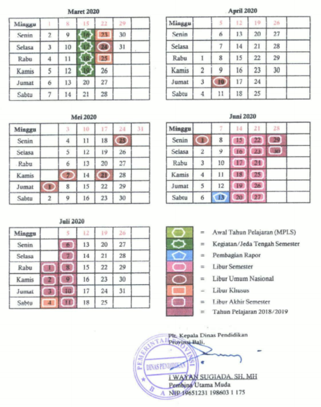  Kalender Pendidikan adalah pengaturan waktu untuk kegiatan pembelajaran siswa selama satu KALENDER PENDIDIKAN PROVINSI BALI TAHUN PELAJARAN 2019/2020