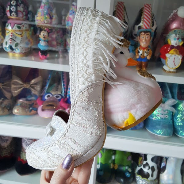 Irregular Choice Odette shoe with swan heel and shoe room in background