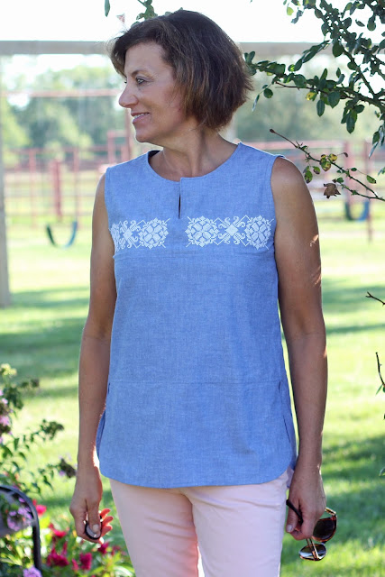 McCall's 7600 top made from Mood Fabrics' chambray and Etsy embroidery design