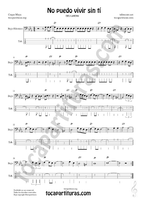 Bajo Eléctrico Tablatura y Partitura de No puedo vivir sin tí Punteo Tablature Sheet Music for Electric Bass Tabs Music Scores