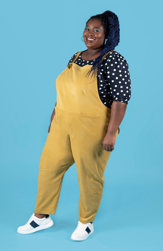 Erin dungarees sewing pattern in mustard needlecord