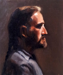 Oil painting of a middle-aged bearded man in profile with a braided ponytail and wearing a blue shirt.