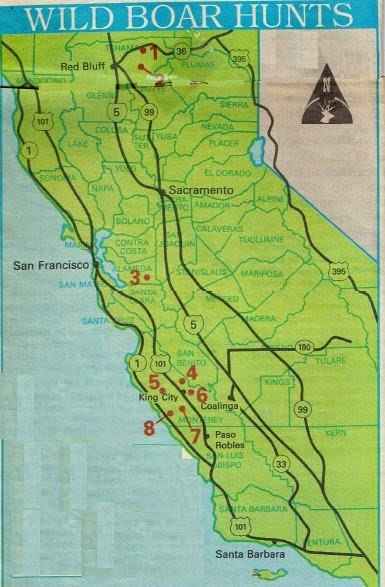 CALIFORNIA MAP OF BEST BOAR OR PIG HUNTING