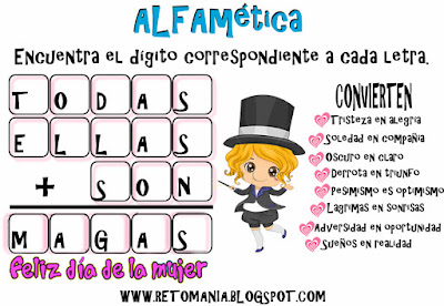 Alfamética, Criptoaritmética, Criptosuma, Juego de letras, Día de la mujer, Problemas de lógica, Retos matemáticos, Desafíos matemáticos, Problemas matemáticos, Problemas matemáticos con letras, Problemas de pensar