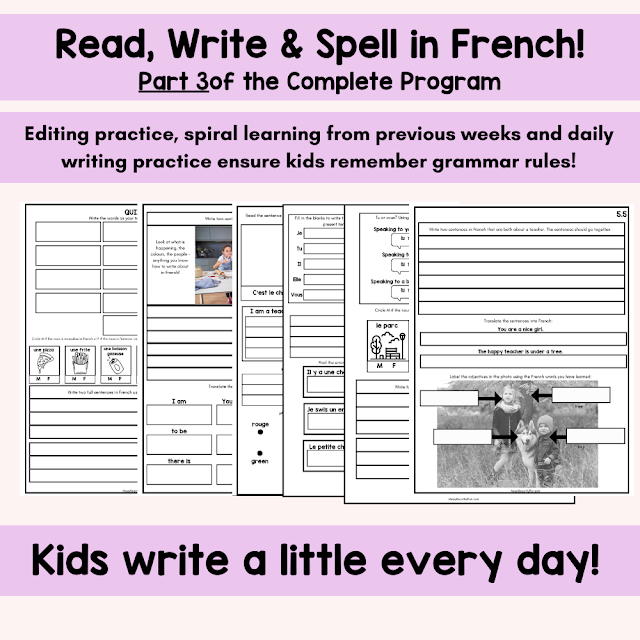 French worksheets flatlay displaying samples