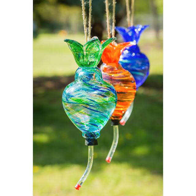 Hanging Art Glass Hummingbird Feeder with Built-in Floral Ant Moat | LaBelle Cape Cod