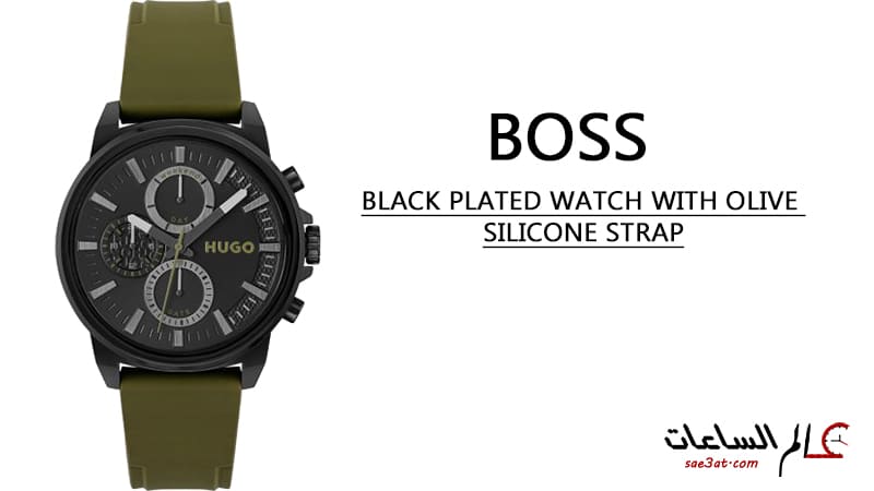 black plated watch with olive silicone strap