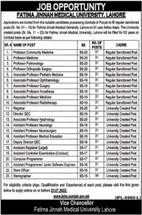 Latest Fatima Jinnah Medical University FJMU Education Posts Lahore 2022