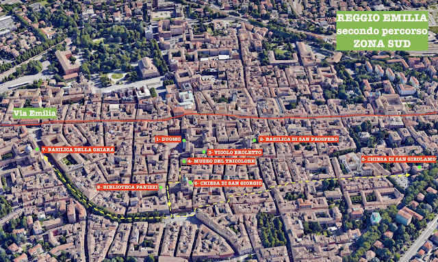 Mappa del secondo percorso a piedi nella zona sud del centro storico di Reggio Emilia.