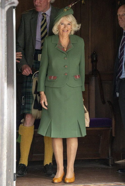 King Charles wearing a kilt, Queen Camilla wore a green coat and hat. Princess Anne wore a red outfit