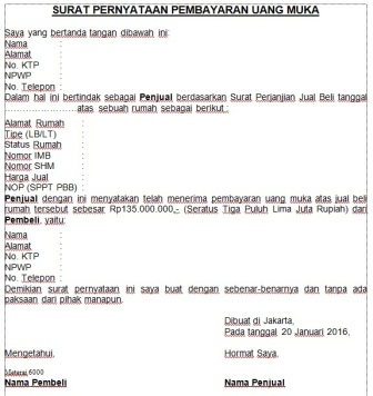 Contoh Surat Pernyataan Pembayaran Uang Muka  Assalam Print