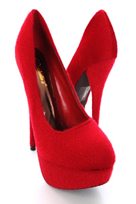 Red Faux Fur Wrap Round Close Toes Platform Pump Heels