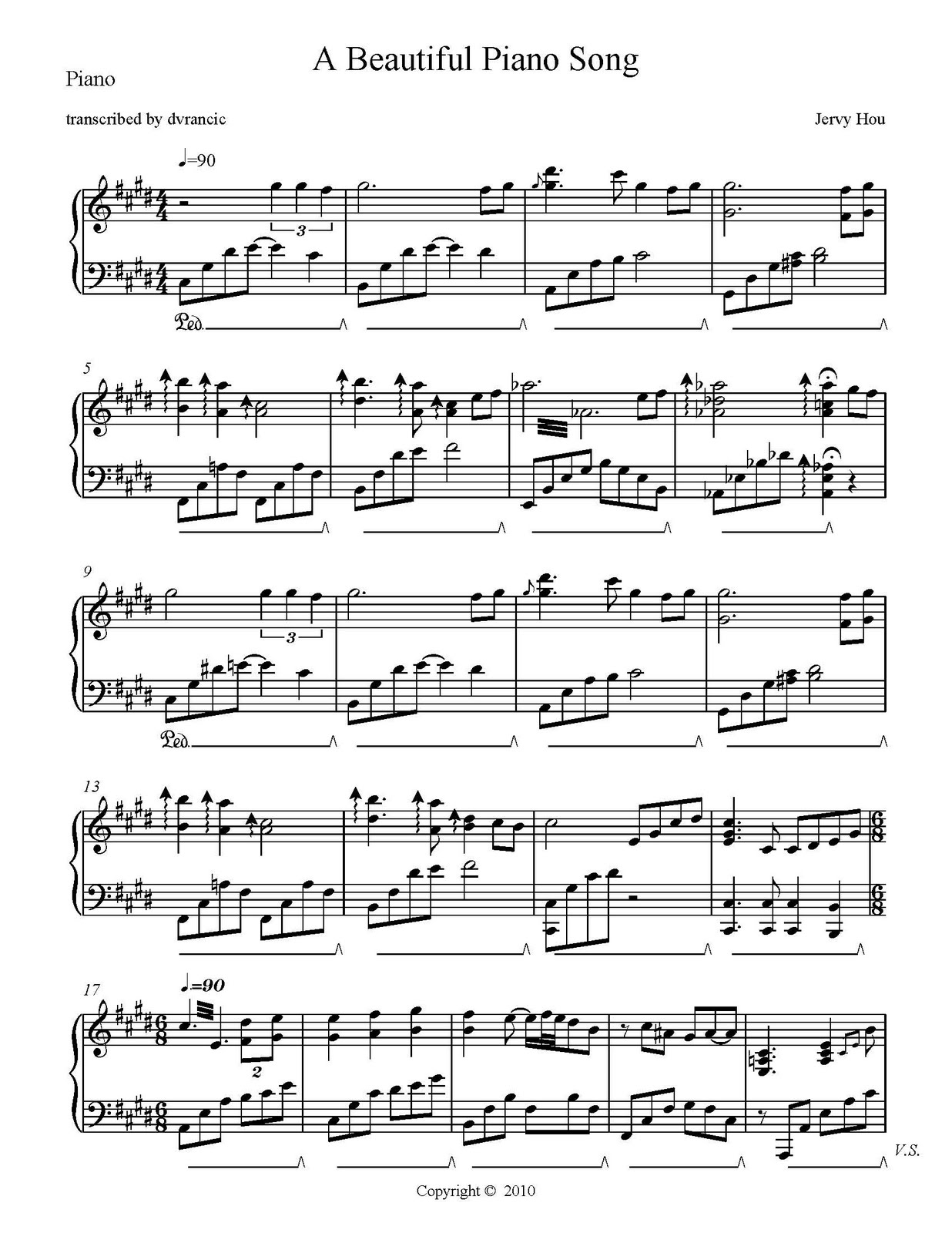 Beautiful Piano Song - Free Sheet Music: A Beautiful Piano Song - Free