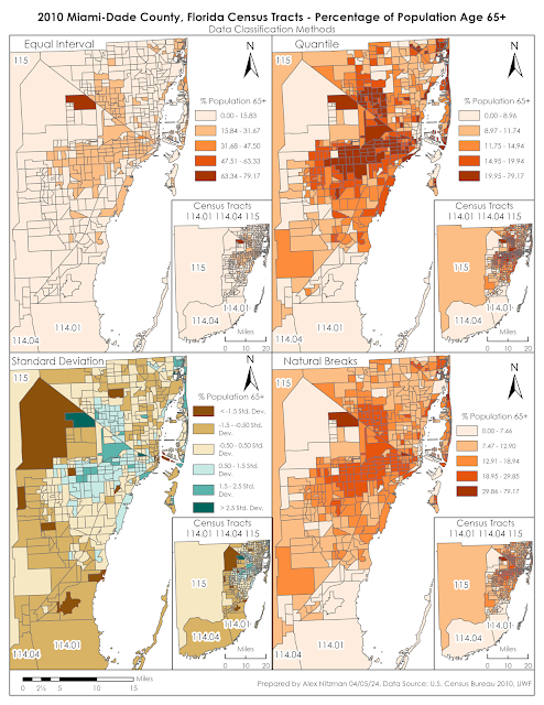 Thematic maps showing Miami-Dade County Census data based upon the percentage of seniors