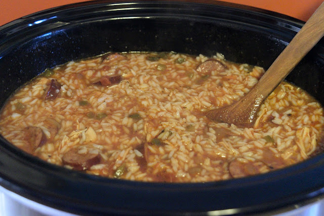 The completed jambalaya in the crockpot.  