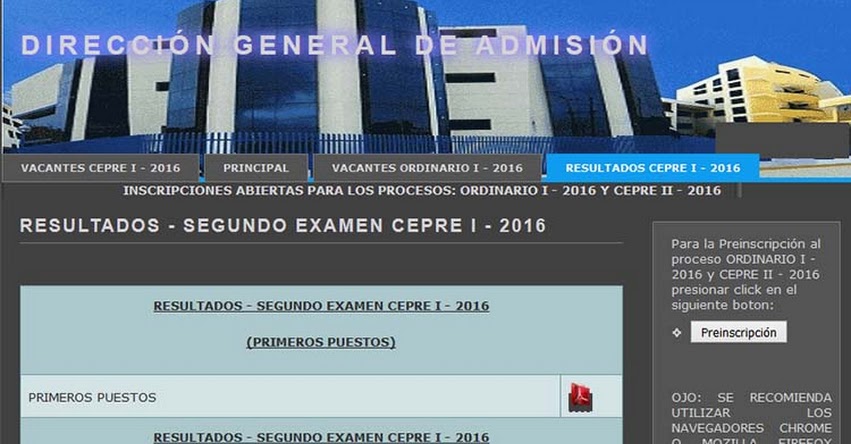 Resultados CEPRE UNDAC 2016-1 (21 Agosto) Centro Pre Universitario Universidad Nacional Daniel Alcides Carrión - www.admisionundac.com