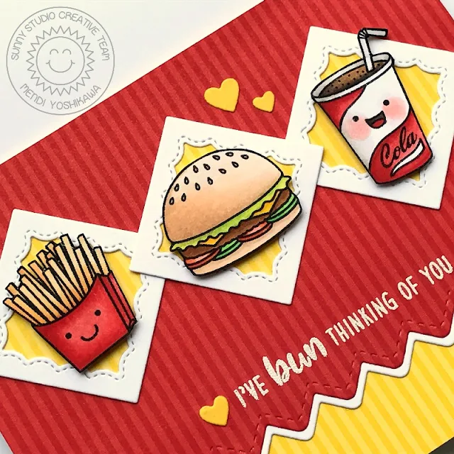 Sunny Studio Stamps: Fast Food Fun I've Bun Thinking of You Burger, Fries & Soda Pop Card by Mendi Yoshikawa